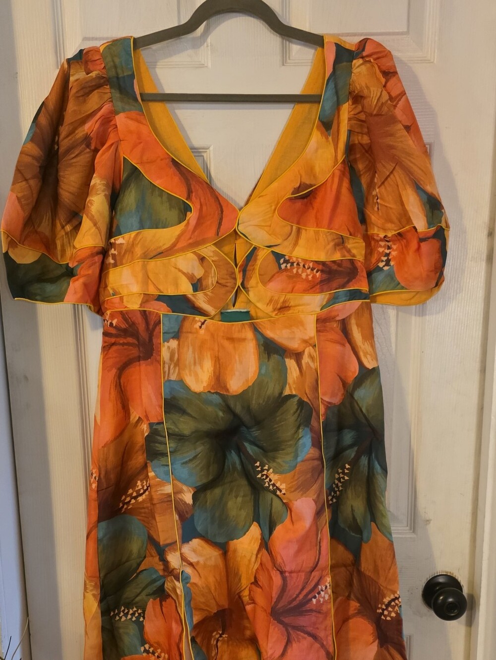 Farm Rio x Anthropologie Linen Blend Short-Sleeve Cutout Printed Midi Dress